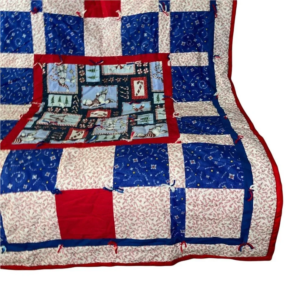 Vintage Handmade Hand Crafted Granny Square Quilt Christmas Holiday 57 X 44